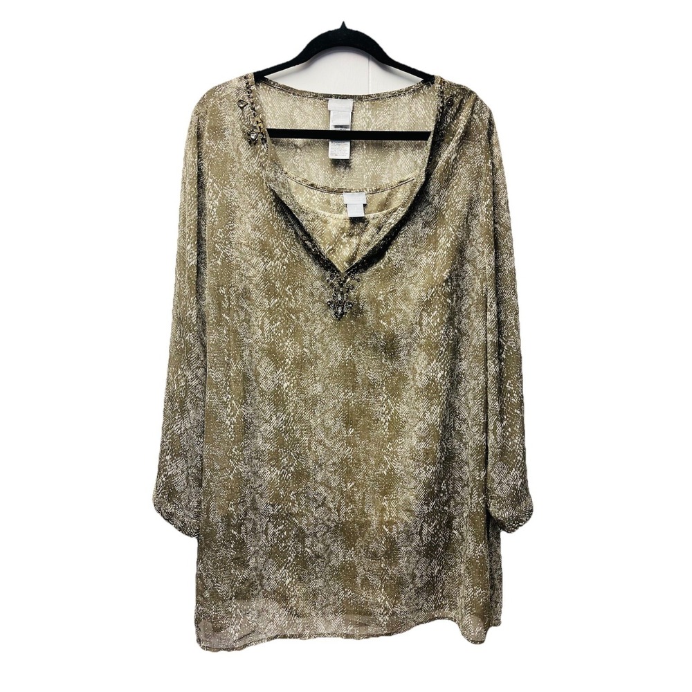Chico's 3 (CL) Chiffon Snakeskin Print Tunic & Cami 2 Pc Jeweled